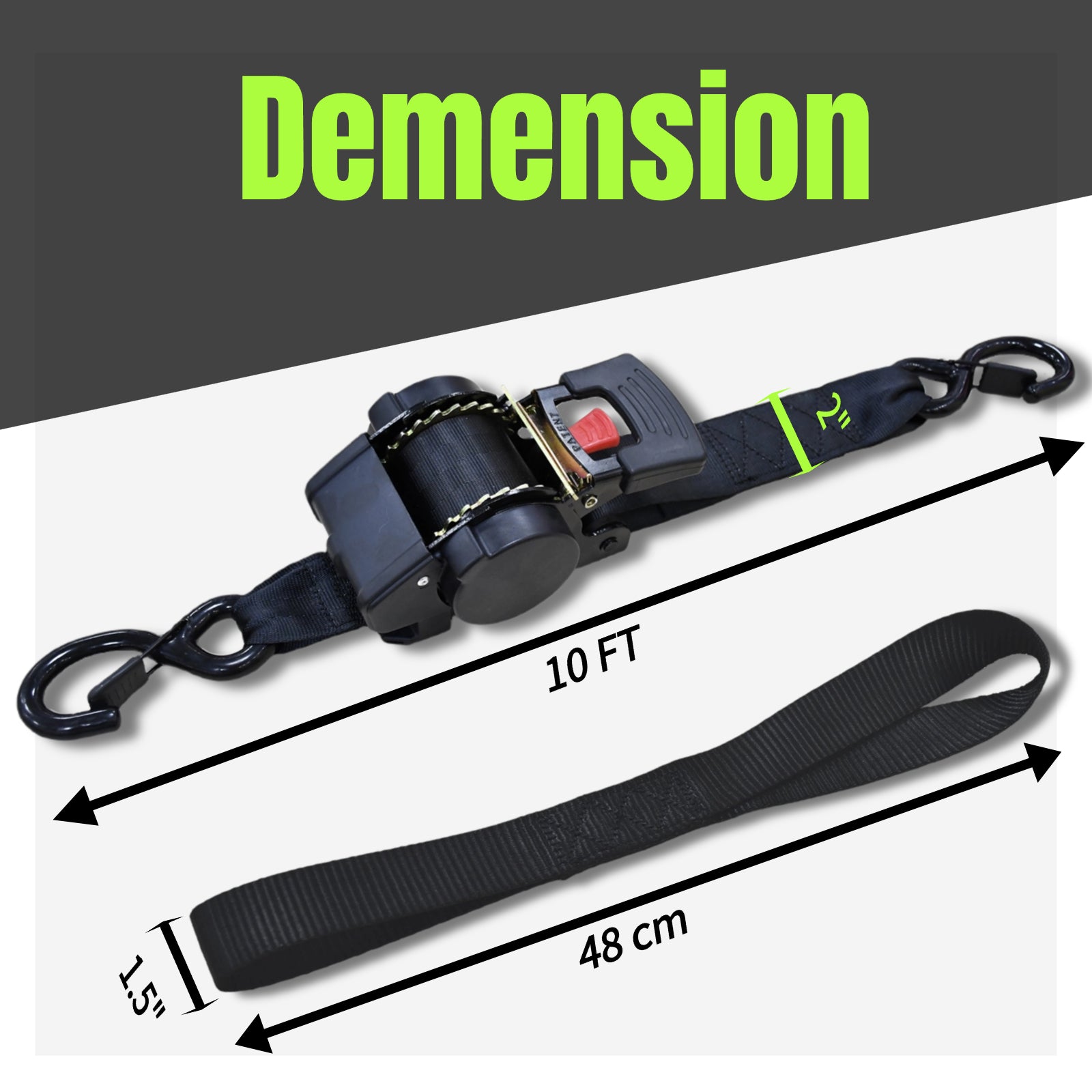 Renegrip Retractable Ratchet Straps (2-Pack) - 2 Inch x 10 Feet (3500lbs Break Strength) - Heavy Duty Auto Self Retracting Tie Down Straps for Truck, Cargo Trailer, Motorcycle, ATV, UTV - Black