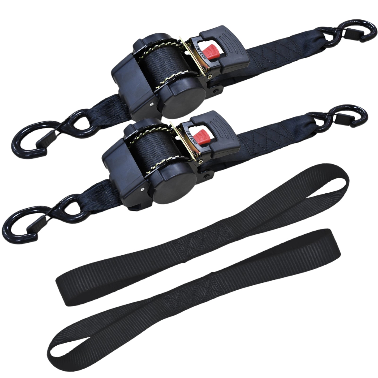 Renegrip Retractable Ratchet Straps (2-Pack) - 2 Inch x 10 Feet (3500lbs Break Strength) - Heavy Duty Auto Self Retracting Tie Down Straps for Truck, Cargo Trailer, Motorcycle, ATV, UTV - Black