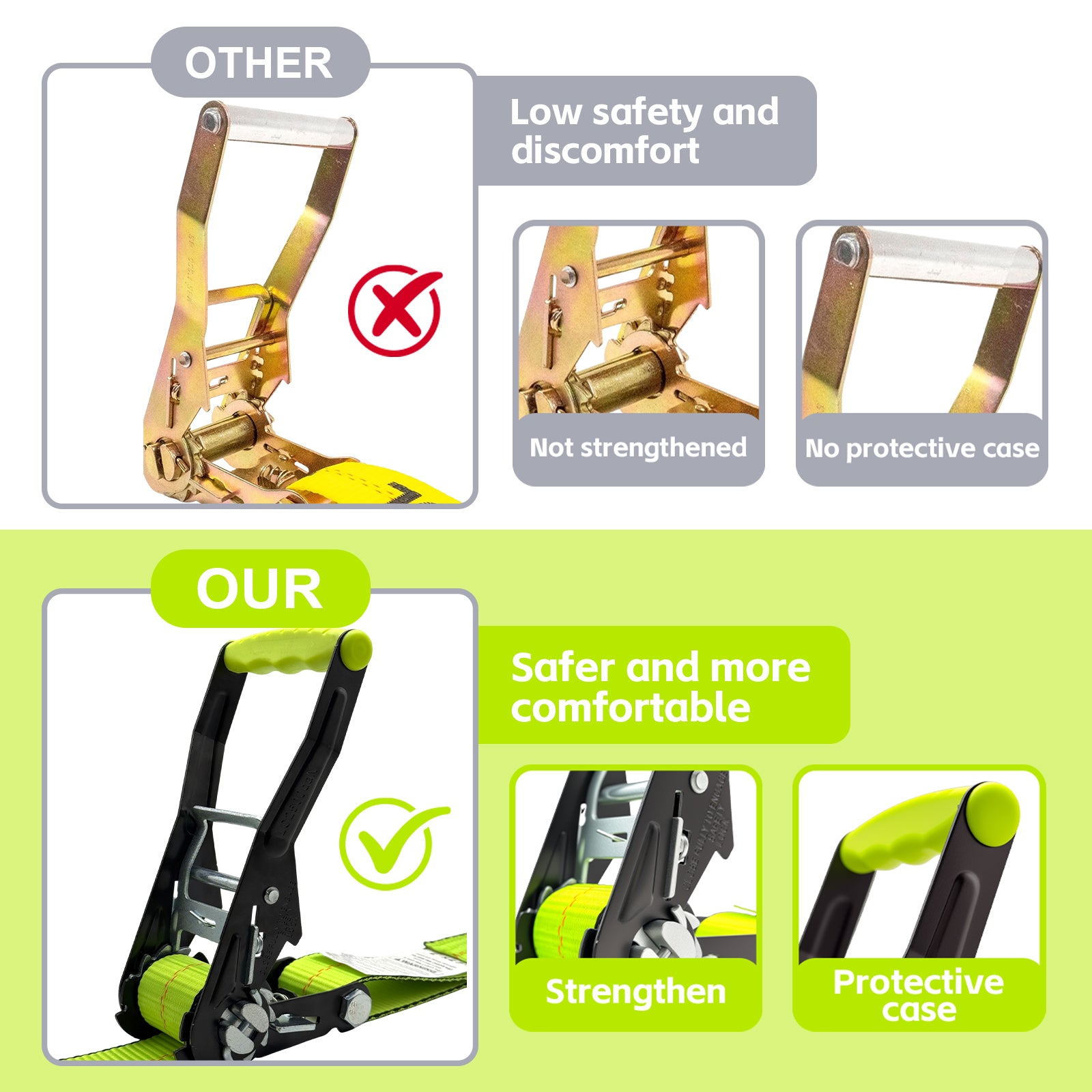Renegrip  4 Pack 2" x 27' Ratchet Straps with J-Hooks 10,000 lbs Breaking Strength - 3,333 lbs Working Load Limit - Heavy-Duty Fluorescent Green Polyester Webbing, Zinc Plated Ratchet with Ergonomic Grip for Truck, Trailer, Motorcycle, Furniture Moving