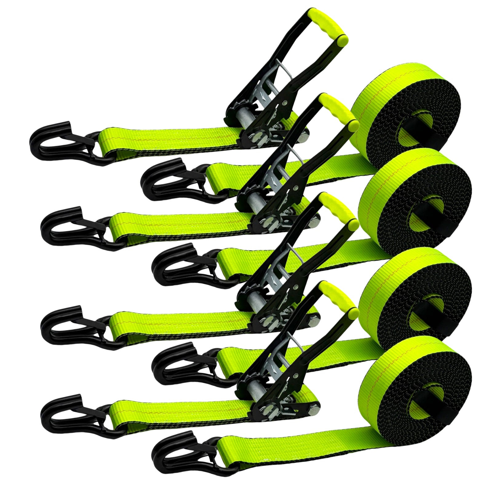 Renegrip  4 Pack 2" x 27' Ratchet Straps with J-Hooks 10,000 lbs Breaking Strength - 3,333 lbs Working Load Limit - Heavy-Duty Fluorescent Green Polyester Webbing, Zinc Plated Ratchet with Ergonomic Grip for Truck, Trailer, Motorcycle, Furniture Moving
