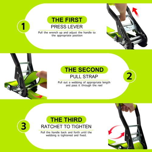 Renegrip  4 Pack 2" x 27' Ratchet Straps with J-Hooks 10,000 lbs Breaking Strength - 3,333 lbs Working Load Limit - Heavy-Duty Fluorescent Green Polyester Webbing, Zinc Plated Ratchet with Ergonomic Grip for Truck, Trailer, Motorcycle, Furniture Moving