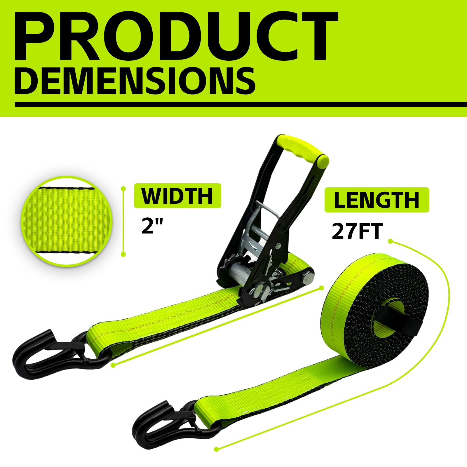 Renegrip  4 Pack 2" x 27' Ratchet Straps with J-Hooks 10,000 lbs Breaking Strength - 3,333 lbs Working Load Limit - Heavy-Duty Fluorescent Green Polyester Webbing, Zinc Plated Ratchet with Ergonomic Grip for Truck, Trailer, Motorcycle, Furniture Moving