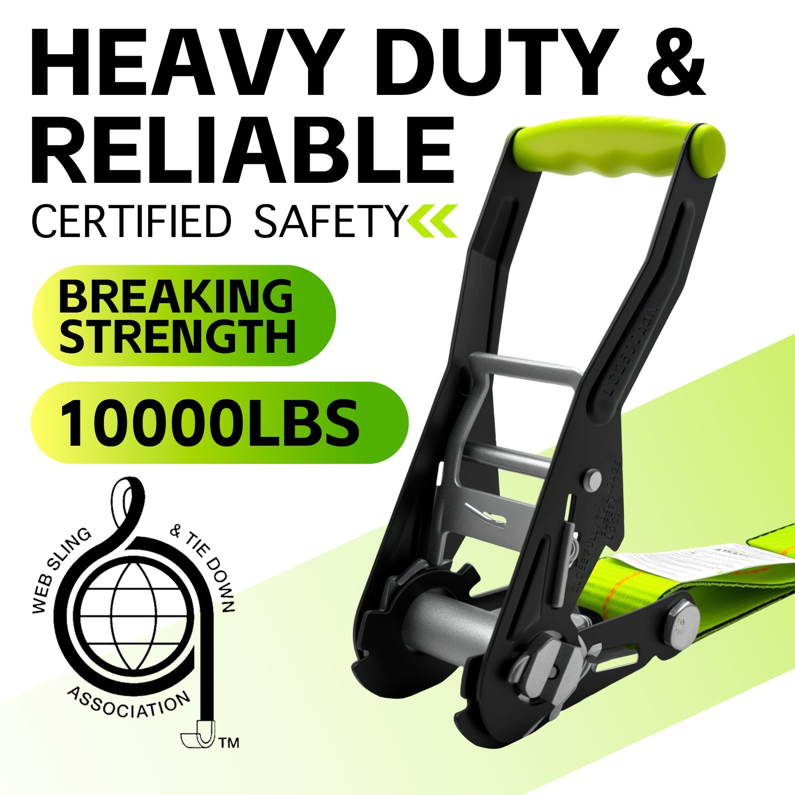 Renegrip  4 Pack 2" x 27' Ratchet Straps with J-Hooks 10,000 lbs Breaking Strength - 3,333 lbs Working Load Limit - Heavy-Duty Fluorescent Green Polyester Webbing, Zinc Plated Ratchet with Ergonomic Grip for Truck, Trailer, Motorcycle, Furniture Moving